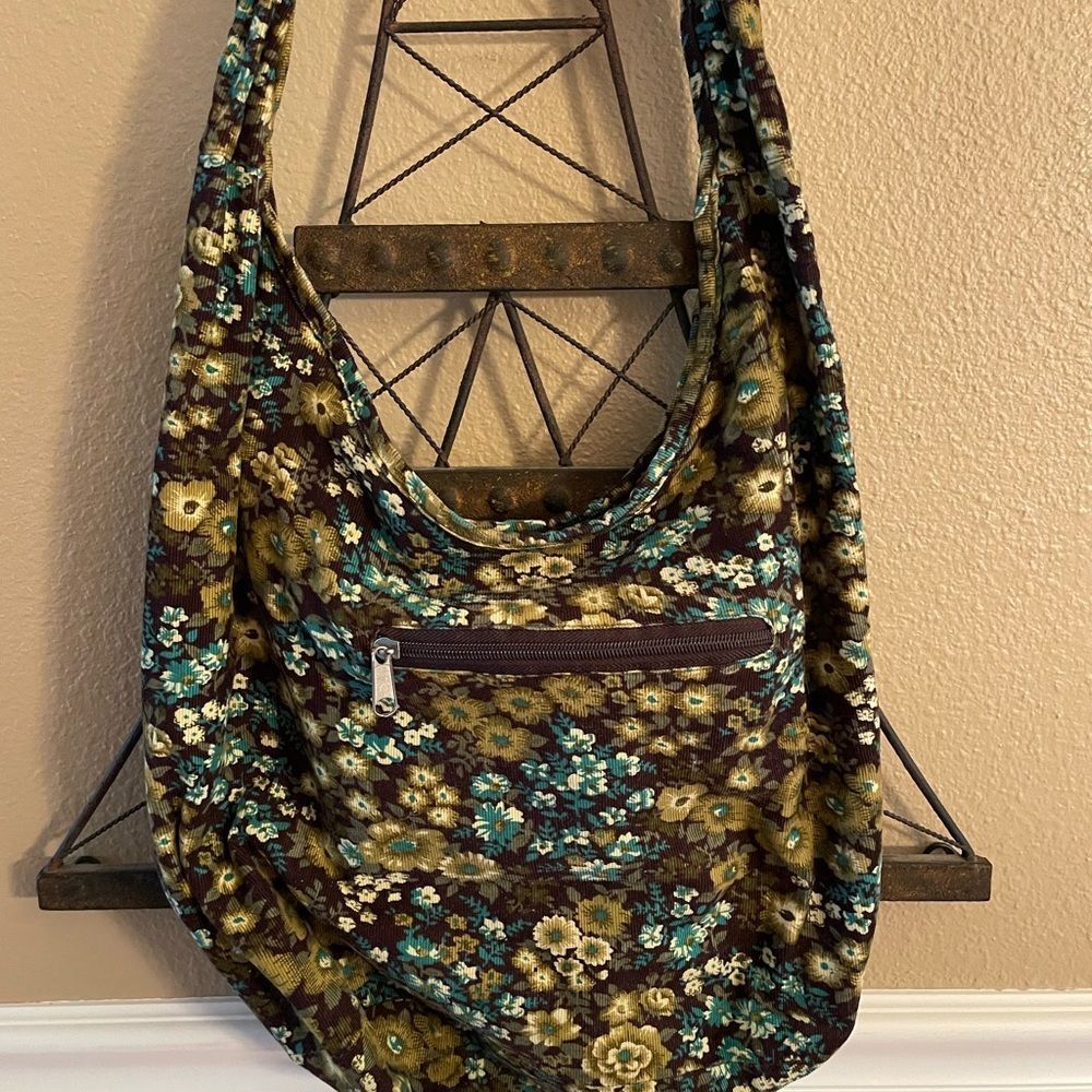 Floral Patterned Women's Brown and Green Corduroy Crossbody Bag